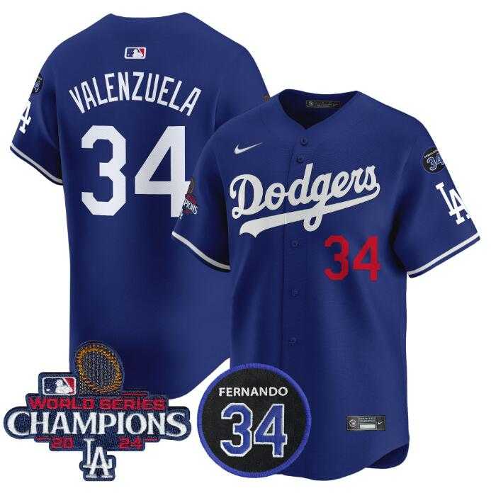 Men%27s Los Angeles Dodgers Active Player Cuatom Royal 2024 World Series Champions With Fernando Memorial Patch Alternate Limited Stitched Baseball Jersey